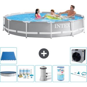 Intex Rond Prism Frame Zwembad - 366 x 76 cm - Grijs - Inclusief Afdekzeil - Onderhoudspakket - Zwembadfilterpomp - Filter - Schoonmaakset - Vloertegels - Warmtepomp