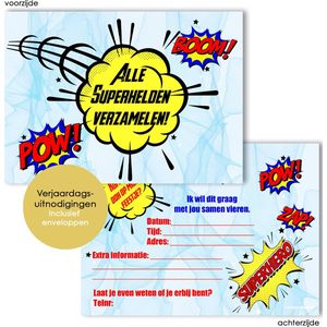 BCI027 -8 verjaardagskaarten met envelop - Superhelden - Uitnodiging kinderfeestje - Superheld - Verjaardag uitnodiging - Uitnodigingskaarten - invulkaarten - Superhero - Kinderfeestje - verjaardagskaart - kinderverjaardag - verjaardagskaart kinderen