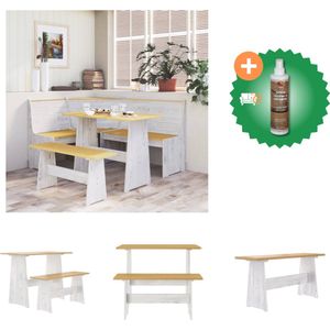 vidaXL Eettafel met bankje massief grenenhout honingbruin en wit - Tafel - Inclusief Houtreiniger en verfrisser