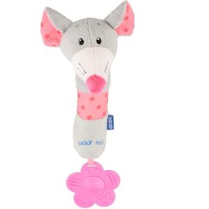 Baby Mix - Babyspeelgoed - Pluchen Ratel - Met Bijtring - Grijze Muis met Roze Accenten - Knuffel met Pieper - Bijt speelgoed - Baby knuffel - Pluche bijtring