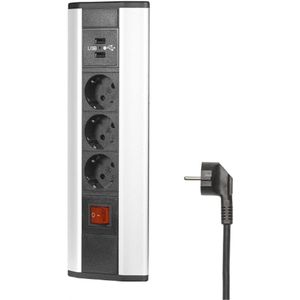 Hoekstopcontact Met 2 USB En Schakelaar - 3-Voudige Aluminium Stekkerdoos Voor Wandmontage - Zwartgrijs Design Voor Kantoor-Keuken-Werkplaats