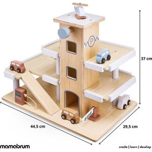 Mamabrum Houten Garage Speelgoed drie Verdiepingen met Lift - Auto's en Helikopter – Parkeergarage