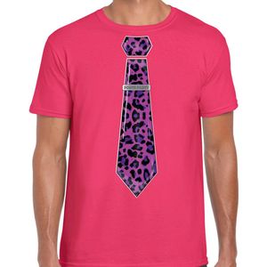 Bellatio Decorations Verkleed T-shirt heren - panterprint stropdas - roze - foute party - carnaval M