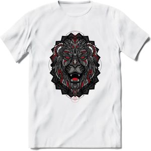 Leeuw - Dieren Mandala T-Shirt | Rood | Grappig Verjaardag Zentangle Dierenkop Cadeau Shirt | Dames - Heren - Unisex | Wildlife Tshirt Kleding Kado | - Wit - 3XL