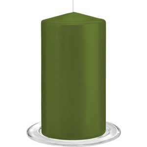 Trend Candles - Stompkaarsen met glazen onderzetters set van 2x stuks olijfgroen 8 x 15 cm