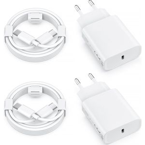 USB-C Snellader 20W met Oplaadkabel 2M Geschikt voor iPhone 15, Plus, Pro, Pro Max - Ondersteunt Apple Fast Charging - Oplader - Oplaadstekker - Quick Charge - 2 Meter - 4Pack - Wit