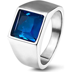 Zegelring met Blauwe Steen - Zegelring Heren Zilver Kleurig - 17 - 23mm - Ringen Mannen - Ring Heren - Cadeau voor Man