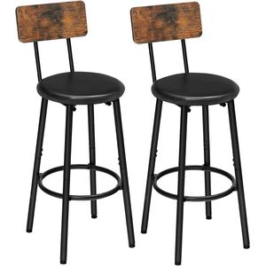 Barkruk - Barkrukken Set van 2 - Barstoelen - Keukenstoelen - met Rugleuning - Voetensteun - Ergonomisch Ontwerp - Industrieel Stijl - IJzer Frame - Polyurethaan Zitting - 33 x 33 x 93 cm - Zwart/Hout