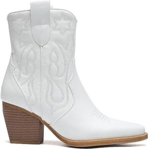 SmileFavorites® Dames Cowboylaarzen met Hak Kort - Wit - Imitatieleer - Maat 38