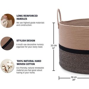 XXL Extra Grote Katoenen Rope Basket | 50x33cm Nursery Opbergmand met lange handgrepen | Living Room Deken Organizer Basket | Bruin en Zwart