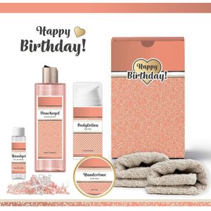 Geschenkset “Happy Birthday!” - 6 producten - 530 gram | Luxe Cadeaubox voor haar - Wellness Pakket Vrouw - Giftset Vriendin - Moeder - Cadeaupakket Collega - Cadeau Zus - Verjaardag Oma - Gefeliciteerd Cadeau - Goud - Zalmroze