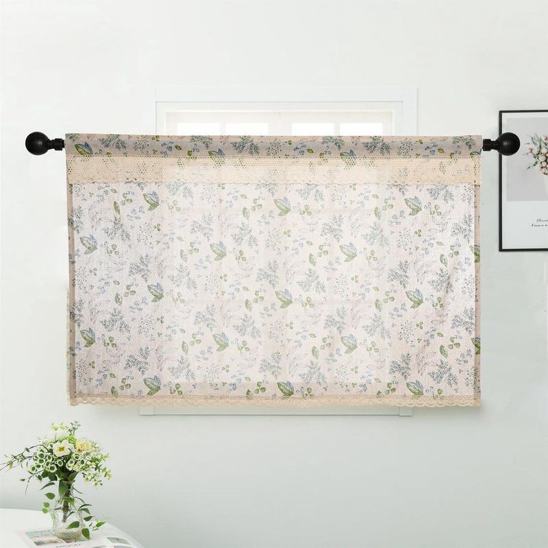Inovra ® Katoenlinnen boerderijgordijn 90cm lang elegant bloemenkant raamvolant kort gordijn voor keuken badkamer 1 paneel bladeren en bloemen op beige