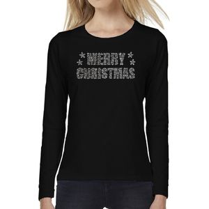 Glitter kerst longsleeve shirt zwart Merry Christmas glitter steentjes/ rhinestones voor dames - Shirts met lange mouwen - Glitter kerst shirt/ outfit M