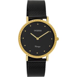 OOZOO Vintage series - goudkleurige horloge met zwarte metalen mesh armband - C20058 - Ø34