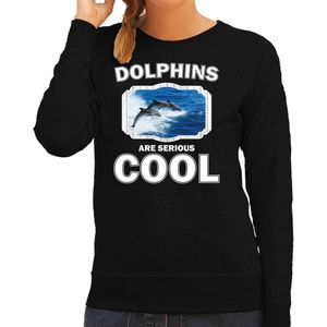 Dieren dolfijnen sweater zwart dames - dolphins are serious cool trui - cadeau sweater dolfijn groep/ dolfijnen liefhebber XS