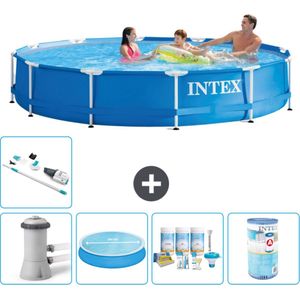 Intex Rond Frame Zwembad - 366 x 76 cm - Blauw - Inclusief Pomp Solarzeil - Onderhoudspakket - Filter - Stofzuiger