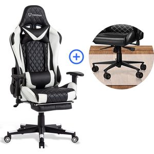 FOXSPORT verstelbare gaming chair - PC-bureaustoel met voetsteun - hoogte en helling verstelbaar - met hoofdsteun en lendensteun - gamingstoel voor kantoor - Met vloerbeschermingsmat - Wit en zwart