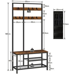Jaskast met 6 Zakken en 9 Haken – Schoenenrek met Bank en Grote Opbergruimte – Retro Bruin/Zwart – Voor Gang, Woonkamer & Entree
