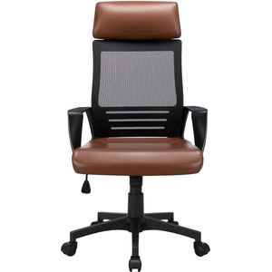 Bureaustoel, ergonomische bureaustoel, draaistoel met hoofdsteun, computerstoel van kunstleer, draaistoel met hoge rugleuning, in hoogte verstelbaar, mesh bekleding