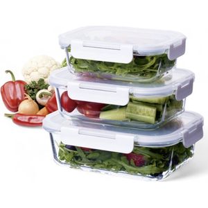 Professionele Vershoudbakjes - (Glas) - Wit - Set van 3 - Meal Prep Bakjes met Deksel - BPA-vrij & Luchtdicht - Vershouddoos in 3 Maten