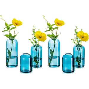 6 x glazen kleine cilindervazen ​​- Hewory moderne Bud slanke blauwe bloemenvaasset voor bruiloftsdecoratie, vintage transparante minivazen ​​voor woonkamertafeldecoratie badkamerfeesten, glazen tulpvaas