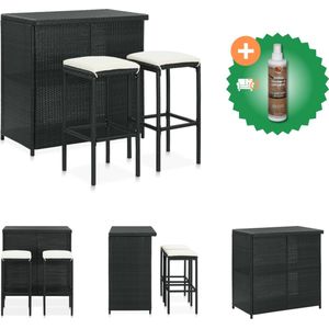 vidaXL 3-delige Barset poly rattan zwart - Set tafel en stoelen - Inclusief Houtreiniger en verfrisser