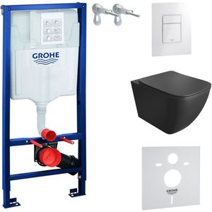 Inbouwreservoir Complete Toiletset Grohe Solido 39069000 - Inbouw WC Hangtoilet Wandcloset Onil Black Mat Zwart - Bedieningsplaat EVEN 3in1 Wit Hoogglans - Voorwandelement - Installatiesysteem