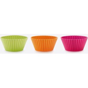 Lékué set van 12 geribde muffinvormen uit silicone roze; oranje en groen Ø 7cm H 3.5cm