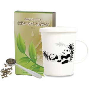 Cadeau thee set voor moeder, vrouw of vriendin bestaande uit - 50 gram groene thee - beker panda - maatlepel.