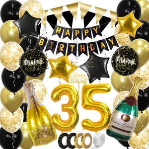 35 Jaar Feest Verjaardag Versiering Confetti Helium Ballonnen Slingers Happy Birthday Goud & Zwart Decoratie – 60 Stuks