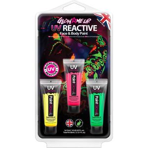 Paintglow - Neon UV face & body paint set - Carnaval accessoires - Verf - Schmink - Make-up - Roze - Groen - Geel - 12 ml - 3 stuks