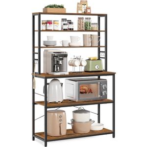 Keukenrek, rek voor koffiezetapparaat, 6 planken en 6 haken, voor magnetron, stalen frame, industriële stijl, 40 x 100 x 167 cm, rustiek bruin en zwart