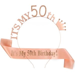 2-delige set met sjerp en diadeem It's my 50th Birthday rose goud - sarah - 50 - verjaardag - rose goud - sjerp - diadeem