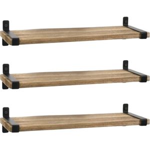 Set van 3 Zwevende Wandplanken - Hout met Zwart Metaal - Rustiek en Vintage Design