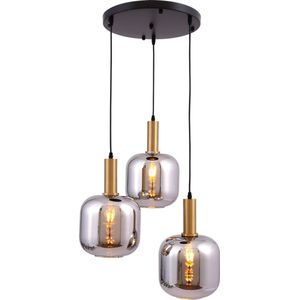 MBC Light - Hanglamp smoke - Bulbs - 3 lichts - zwarte metaal ronde 30cm plaat - spiegel smoke glas - met brons element