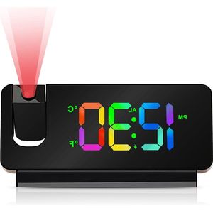 Digitale Wekker met Projectie - Temperatuur Datum 12/24 HR - USB Batterijvoeding - Projectieklok voor Slaapkamer Zwart Digitale Wekker