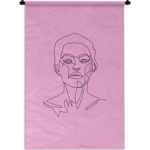 Wandkleed Line-art Vrouwengezicht - 13 - Line-art illustratie vrouw met kort haar op een roze achtergrond Wandkleed katoen 120x180 cm - Wandtapijt met foto XXL / Groot formaat!