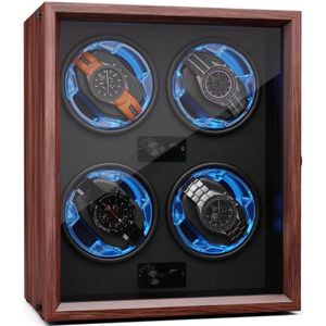 Brienz 4 watchwinder, 4 horloges, 4 modi, houten look, blauwe binnenverlichting