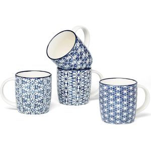 Set van 4 12oz koffiekopjes met blauwe en witte geometrische patronen, keramische theekopjes set, cadeau voor vrienden (set 1)