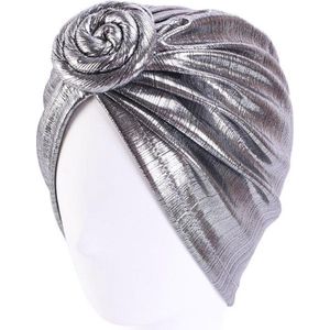 Tulband - Head wrap - Chemo muts – Haarband Damesmutsen - Glans - Tulband cap - Hoofddeksel - Beanie- Hoofddoek - Muts - Zilver - Hijab - Slaapmuts - Hoofdwear