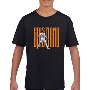 Ronaldo - Kinder T-Shirt - Zwart - Maat 134/140 - T-Shirt leeftijd 9 tot 11 jaar - Voetbal shirt - Cadeau - Shirt cadeau - CR7 t-shirt - voetbal - verjaardag - Unisex Kids T-Shirt - oranje tekst