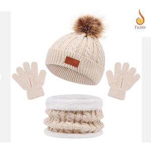 Fiory Wintermuts, Sjaal, Handschoenen Kinderen| 3 in 1| Wintermuts kids| Muts| Fleece binnenzijde sjaal| 1 tm 5 jaar | Beige