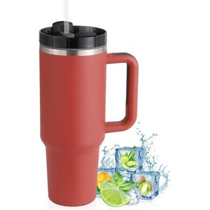 Thermobeker met Rietje en Handvat 1200 ml - Dubbelwandig Roestvrij Staal - Voor Warme en Koude Dranken - Vacuüm Drinkbeker - Koffiemok voor Thuis en Reizen - Rood, Ideaal voor Kerst