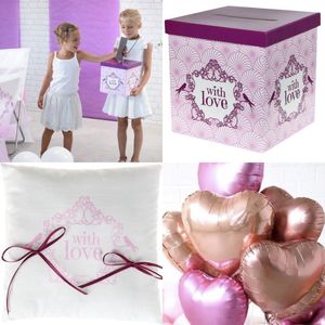 Bruidsset met enveloppen/moneybox, trouwringkussen en folie ballonnen 10-delig Vintage Pink - trouwen - huwelijk - ringkussen - moneybox - enveloppendoos