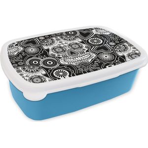 Broodtrommel Blauw - Lunchbox - Brooddoos - Tieners - Skull - Bloemen - Patronen - 18x12x6 cm - Kinderen - Jongen