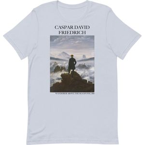 Caspar David Friedrich 'De Wandelaar boven de Nevelzee' (""Wanderer Above the Sea of Fog"") Beroemd Schilderij T-Shirt | Unisex Klassiek Kunst T-shirt | Licht Blauw | S