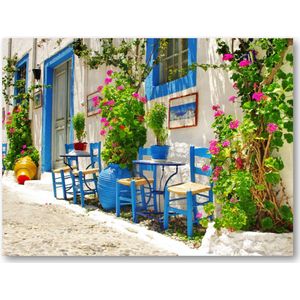 Traditioneel Griekenland - taverna's op straat - 40x30 Canvas Liggend - Bloemen