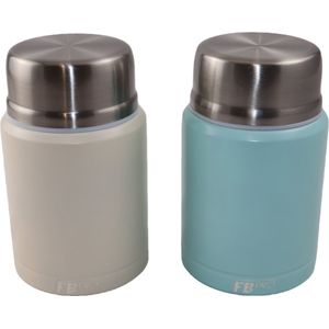 Witte & Lichtblauwe Thermos Voedselcontainer met Lepel x2 - Thermoskan - Voedsel container voor noodles, soep, havermout, ijs, babyvoeding en meer! - Yoghurt beker to go - Thermosbeker voor het meenemen van eten - Ivoor wit & Licht blauw - 450ml