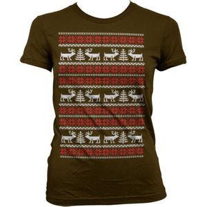 Dames Fun Tshirt -L- Christmas Knit Pattern Bruin