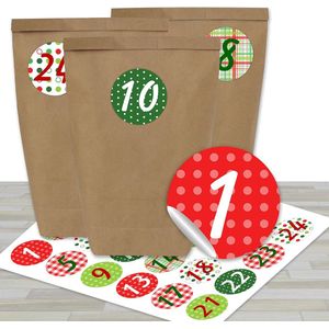 DIY adventskalender om te vullen - met 24 bruine papieren zakjes en 24 kleurrijke stickers - voor DIY en knutselen - Miniset nr. 5 - Kerstmis 2021 voor kinderen